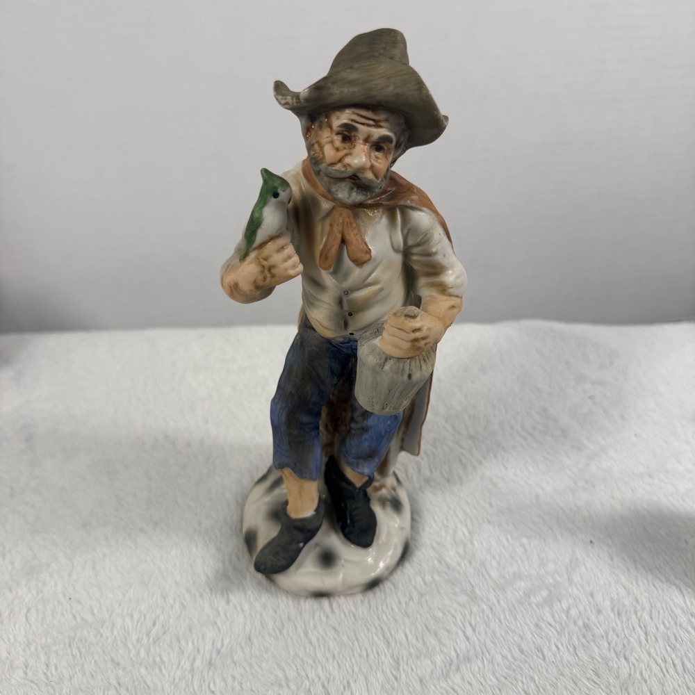 Vintage Made in Taiwan Porcelain Old Man Bird Jug Figurine 7.5" Country Decor